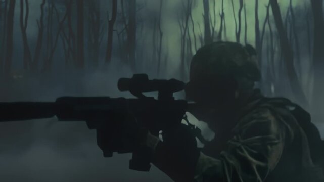 Crouching soldier among leafless trees, Dusk surveillance with foggy atmosphere and cautious approach