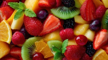 Obraz premium A bowl contains a mix of different types of fruits. Red strawberries green kiwi yellow melon and dark berries are combined with mint leaves for freshness.
