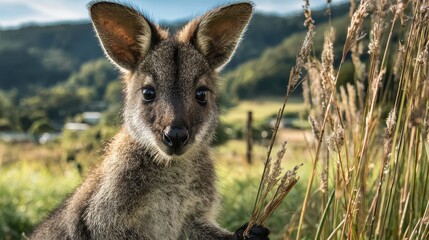 Fototapeta premium Young wallaby sitting in a grassy meadow while holding a plant stalk, showing gentle curiosity in a sunny Australian landscape. 