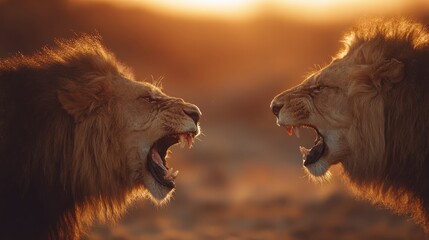 Two powerful male lions roaring face to face with fierce expressions, symbolizing dominance, strength, and raw wildlife power at sunset.
