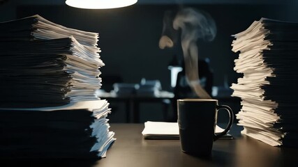 A dark office scene with a desk lamp illuminating towering stacks of paperwork and a steaming mug