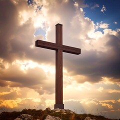 Wooden cross on mountaintop at sunset