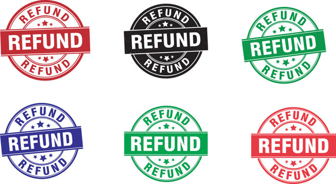Pair of bold circular refund emblems with a vintage stamp look set vector art, editable stroke 