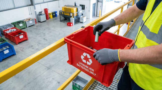 Industrial worker sorting used lithium-ion batteries into red recycling bin at e-waste facility, hazardous materials management concept
