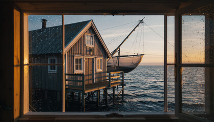 Wooden House on Stilts Over Water at Sunset.