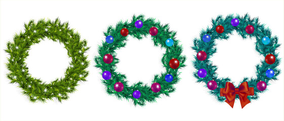 Colorful set of Christmas wreaths. Round wreaths made of green fir tree decorated with red bow and Christmas balls. Glowing Christmas lights. Holiday Pinaceae garlands. Christmas decor. Happy Christma