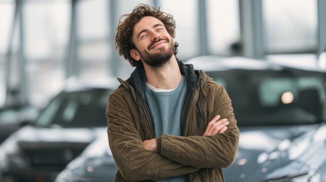 A man stands with arms crossed and a smile at a car dealership. He looks pleased as he looks at various cars on display in the showroom.