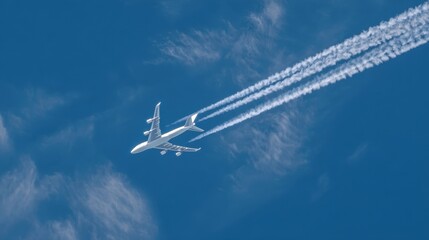 An aircraft flies high above the ground leaving white contrails behind against a blue sky. The scene shows the day with few clouds visible in the background.