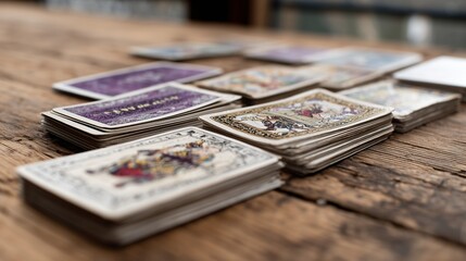 Playing cards arranged on a wooden table in a casual setting during the afternoon