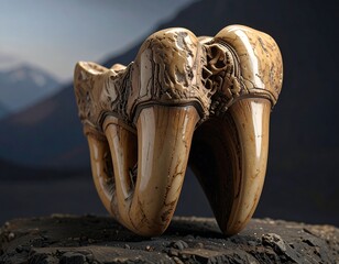 Carved tooth sculpture on rocks