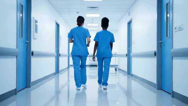 Two female nurses in blue scrubs walking together down a bright, modern hospital corridor away from the camera.