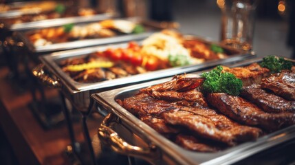 Naklejka premium Several trays hold different grilled meats including steak and chicken alongside assorted vegetables. The setting is a buffet in a restaurant during dinner hours.