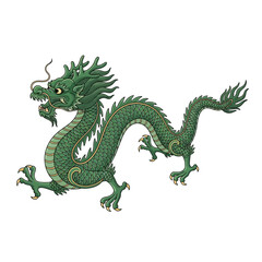 Obraz premium Green dragon illustration isolated on white background mythical creature traditional art.
