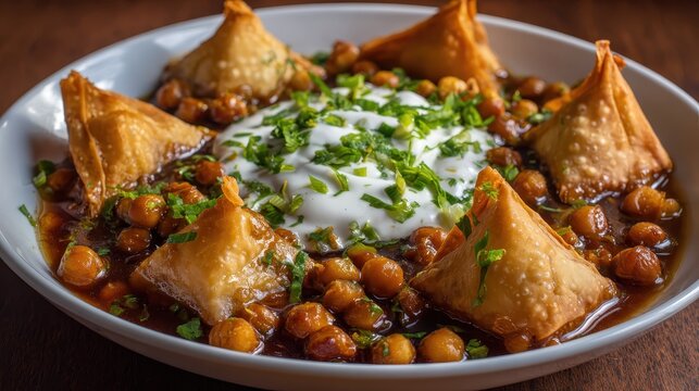 Samosa chole chat served in a white bowl with crispy fried samosa pieces, chickpea sauce, yogurt, and fresh green onion.
