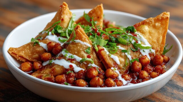 Samosa chole chat served in a white bowl with crispy fried samosa pieces, chickpea sauce, yogurt, and fresh green onion.

