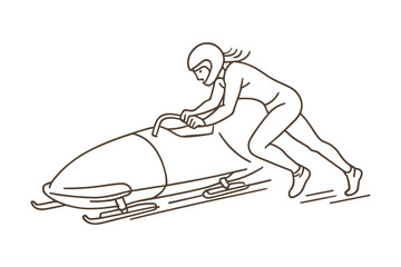Female athlete pushing bobsled at the start of an ice track race. Winter sliding sport emphasizing speed, power, and teamwork. Vector illustration.