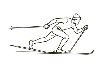 Cross-country skier gliding through snowy terrain using ski poles and skis. Endurance-focused winter sport emphasizing stamina and technique. Vector illustration.