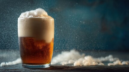 A glass of beer sits on a wooden table. Foam bubbles up from the top as light reflects off the surface. Small drops of condensation can also be seen around the glass.