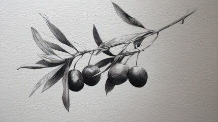 A detailed drawing showcases an olive branch with several olives hanging from it. The artwork is created in black and white on textured paper capturing intricate details clearly.