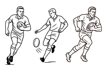 Three rugby players in action &mdash; two running with the ball and one kicking. High-energy moments from a physical team sport. Vector illustration.