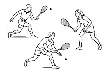 Three squash players in action &mdash; two men and one woman hitting the ball with rackets on an indoor court. Fast-paced racket sport. Vector illustration.