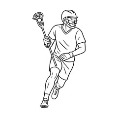Male lacrosse player running with a stick, wearing a helmet and protective gear. Action-packed scene from a fast-paced team sport. Vector illustration.