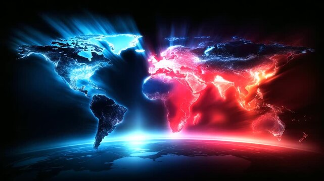 Red and blue glowing world map with dark background, dual tone global visualization, international network, temperature gradient Earth, digital cartography, continental connectivit