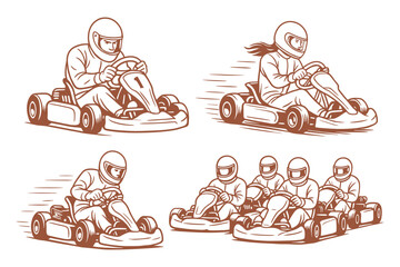 Vector illustration set of go-kart racers in action. Includes individual and group scenes of drivers in helmets racing around a track with speed lines emphasizing motion.