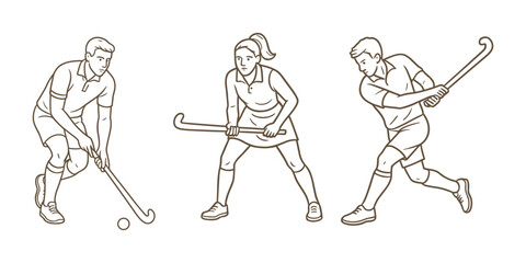 Vector illustration of three field hockey players. Depicts a male player dribbling the ball, a female player in a defensive stance, and another male player swinging the stick.