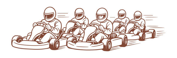 Vector illustration of a go-kart race with five drivers in helmets speeding on the track. Emphasizes motion, competition, and high-speed action in motorsport.