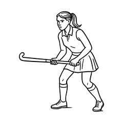 Vector illustration of a female field hockey player in a ready stance, holding a hockey stick with both hands, prepared for action.