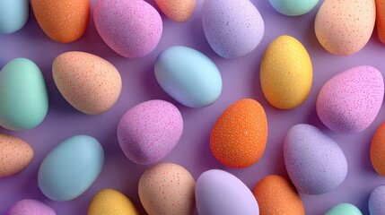 Various pastel colored Easter eggs are spread out on a flat surface. These eggs are in different shapes and sizes creating a festive look for spring celebrations.