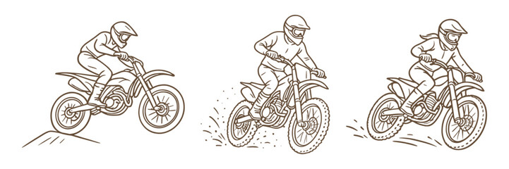Vector illustration of motocross riders in action. Shows three motorcyclists, including a female rider, navigating off-road terrain with helmets and protective gear.