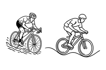 Vector illustration of two cyclists riding over uneven terrain. One rider is splashing through water, while the other is navigating wavy ground. Both wear helmets and ride off-road bicycles.