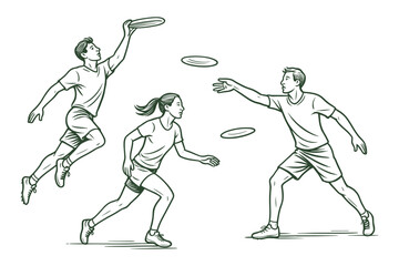 Vector illustration of people playing ultimate frisbee. Features two men and one woman in active poses&mdash;running, jumping, and throwing flying discs&mdash;demonstrating energy and teamwork.