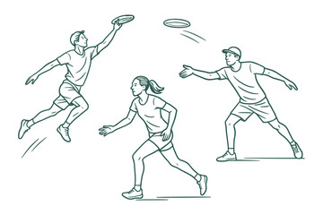Vector illustration of people playing a flying disc game. One player jumps to catch the disc, while another throws and a third runs to receive. All are in dynamic, athletic poses.