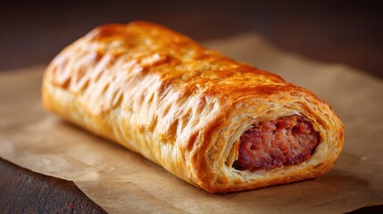 Golden sausage roll with flaky puff pastry rests on a beige surface, presenting a classic bakery snack ready to enjoy.
