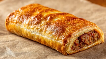 Golden sausage roll with flaky puff pastry rests on a beige surface, presenting a classic bakery snack ready to enjoy.
