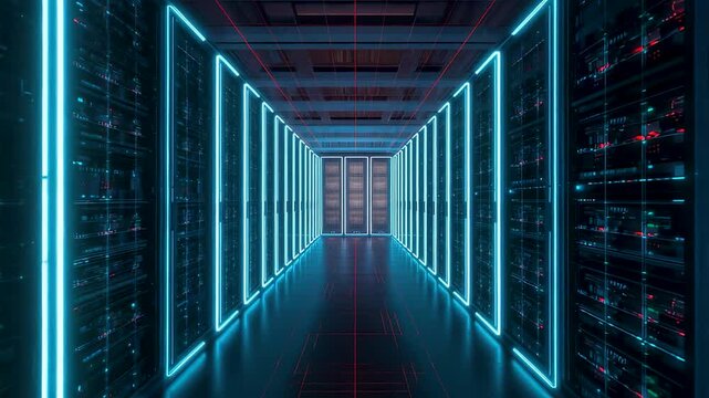 Glowing blue data center corridor with illuminated server racks and deep perspective showcasing secure digital infrastructure and modern computing environment