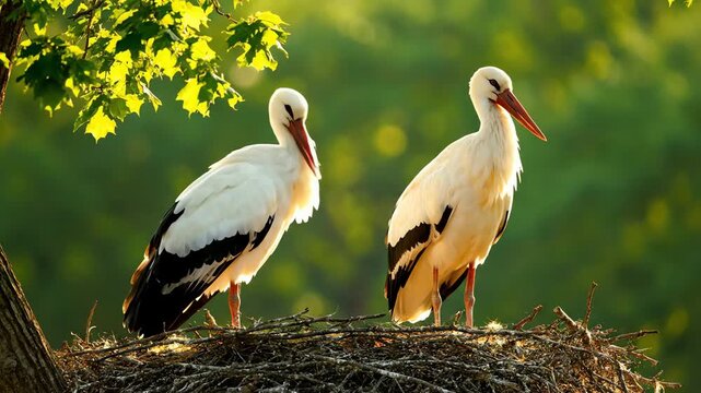 A serene pair of white storks resting in their nest during a beautiful golden hour