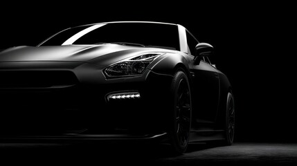 A sports car is parked in a dark area with only the front slightly lit by its headlights. The car has an aerodynamic design and is situated in an urban location at night.