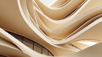 Abstract building shaped by creative curved lines and smooth surfaces in beige tones with natural light