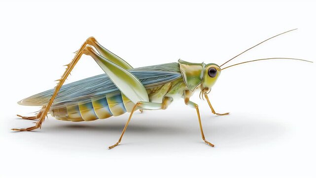 Green Grasshopper on White Background - A Detailed Macro Shot.