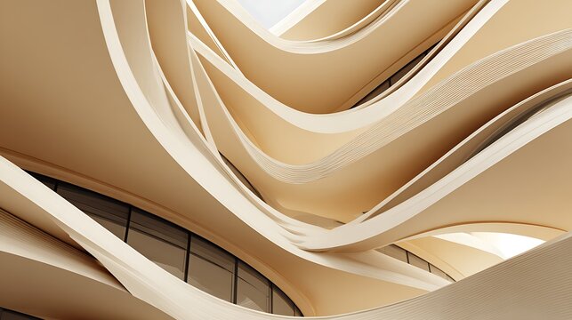 Abstract building shaped by creative curved lines and smooth surfaces in beige tones with natural light