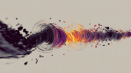 Abstract digital glitch art showing colorful swirling wave form with black particles on gray background, technology concept