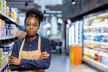 Young woman employee wearing a brown apron and blue polka dot shirt, standing with arms crossed in a supermarket aisle, ready to assist customers