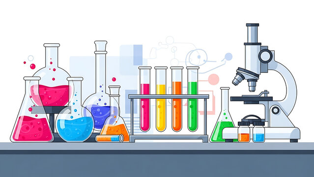 Colorful laboratory equipment and microscope on a gray surface isolated on white background
