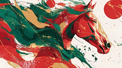 A dynamic abstract image of a horse's head and upper body in motion, executed in a fluid painting style. Bright, rich strokes of red, emerald green, and gold colors merge and intertwine, creating