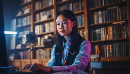 Fototapeta premium Young Asian Woman Studying in Library with Computer.