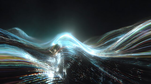 Abstract energy wave interrupted by dark space with glowing blue and white light trails - Powered by Adobe